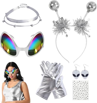 Vrouwelijk Alien Kostuum met 6 Accessoires, Haarband, Oorbellen, Zonnebril, Handschoenen en Strass Stickers voor Carnaval en Verkleedfeest