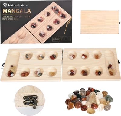 Houten Steentjesspel - Kalaha Mancala Spel - Strategisch Familiespel - Inklapbaar Reisformaat - 23 x 14 cm - Gekleurde Stenen