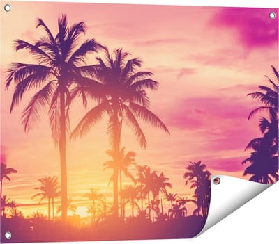 Gards Tuinposter Tropische Palmbomen met Zonsondergang - 80x60 cm - Tuindoek - Tuindecoratie - Wanddecoratie buiten - Tuinschilderij