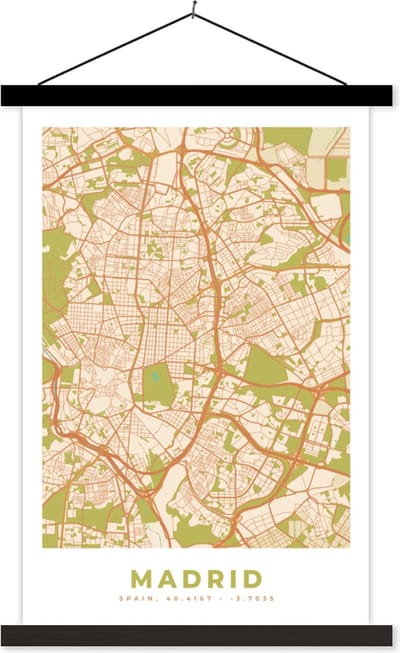 Posterhanger incl. Poster 40x60 cm - Schoolplaat - Madrid - Vintage - Stadskaart - Plattegrond - Kaart - Textielposter - Zwarte latten - Stadskaart