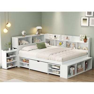 ModernLuxe MDF-bed van 140x200 cm - met multifunctionele opbergruimte en een kleine uitneembare boekenkast - met lattenbodem - Wit