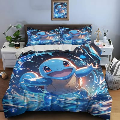 10 maten Pokémon Squirtle beddengoedset, 3-delige set, kingsize kussensloop, bedsprei voor volwassenen, slaapkamerbeddengoedset, ideaal als cadeau. EU Double(200*200cm)3pcs