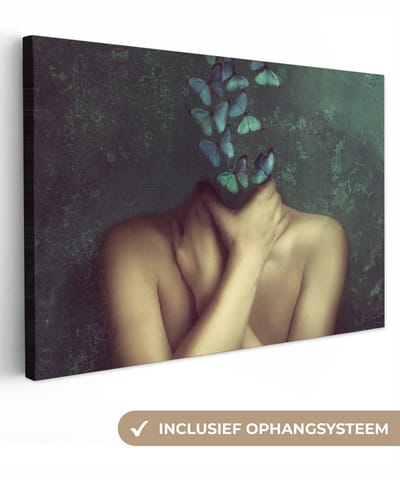 Canvas schilderij 30x20 cm - Wanddecoratie Torso - Stilleven - Vlinders - Blauw - Muurdecoratie woonkamer - Slaapkamer decoratie - Kamer accessoires - Schilderijen op canvas
