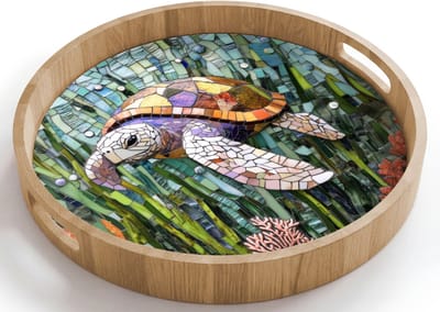 Dienblad rond 40x40 cm - Schootdienblad hout - Schildpad - Zeewier - Mozaïek - Borrelplank rechthoek - Plateau houten dienbladen