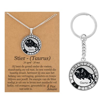 Sterrenbeeld Stier / Taurus Ketting + Sleutelhanger - Zilverkleurig - Stainless Steel op Cadeau Kaartje- 60cm - Pax Amare