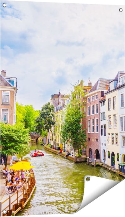 Gards Tuinposter Huizen aan de Oudegracht in Utrecht - 60x90 cm - Tuindoek - Tuindecoratie - Wanddecoratie buiten - Tuinschilderij