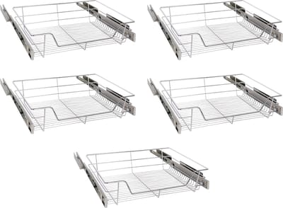 Eleganca draadmand met zijgeleider en Soft Closing - Keukenkast schuiflade – B51.5 x H14x D44.5 cm – Uitschuifbaar keukenrek – Inbouwlade – Maximale belastbaarheid 20kg – RVS – Zilver - 5 Stuks
