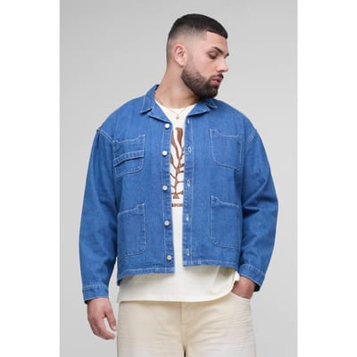Plus oversized boxy Carpenter Pocket denim overhemd | Mid Blue | Size 2XL