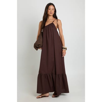 boohoo Dames Lange Geplooide Maxi-jurk Met Kralenband En Éen Schouder | Chocoladebruin | Maat: 36