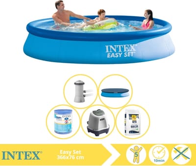 Intex Rond Opblaasbaar Easy Set Zwembad - 366 x 76 cm - Blauw - Inclusief Pomp - Afdekzeil - Filter - Zoutwatersysteem - Zwembadzout - 6-delig