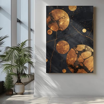 Canvas Schilderij - Abstract - Gouden Ballen - Zwart - Goud - 60x40x2 cm
