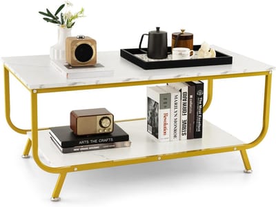 Luxe Rechthoekige Salontafel Marmerlook met 2 Niveaus en Metalen Frame voor Woonkamer