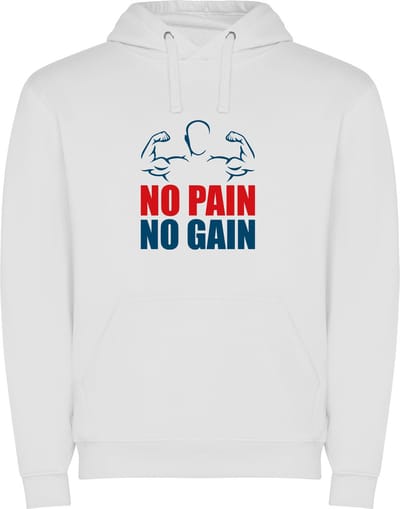 Witte unisex hoodie met “ Kleurrijke No Pain No Pain – Bodybuilden - Sport – Zet Door – Niet opgeven “ Print Full Color Color merk Roly maat S