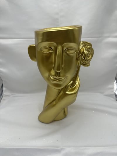 Decoratieve Vaas Hoofd+Bloem - Goud - hoogte 24x16x10cm - Polyresin - Woonaccessoires - Decoratieve vazen