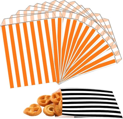 100 Stuks 13x18 cm Oranje Gestreepte Papieren Tassen voor Snoep, Feesttassen voor Kinderen, Verjaardag en Halloween Decoratie