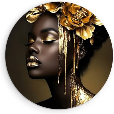 Saammp Muurcirkel Hout - Abstract - Afrikaanse Vrouw - Goude bloemen - Ø 90 - Wandcirkel - Wanddecoratie Cirkel - Muurdecoratie Woonkamer - Slaapkamer decoratie - Rond Schilderij