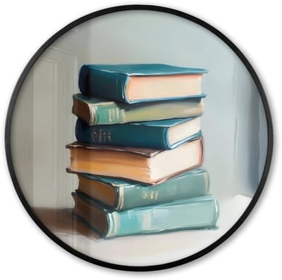 Poster in lijst Rond - Fotolijst 60x60 cm - Posters - Stapel - Boeken - Groen - Daglicht - Ronde posterlijst zwart - Decoratie - Wanddecoratie woonkamer - Muurdecoratie slaapkamer