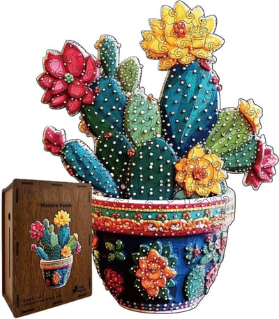 Houten Hersenkraker Cactus - Puzzel Spel - Gezellig Samenzijn - Uniek Plant Thema - 22 x 17 cm - Kleurrijk