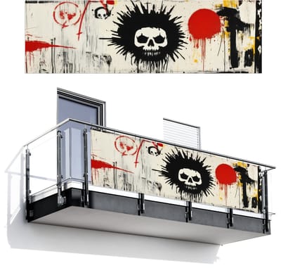 Balkonscherm 300x95 cm - Balkonposter Graffiti - Schedel - Abstract - Rood - Balkon scherm decoratie - Balkonschermen - Balkondoek zonnescherm