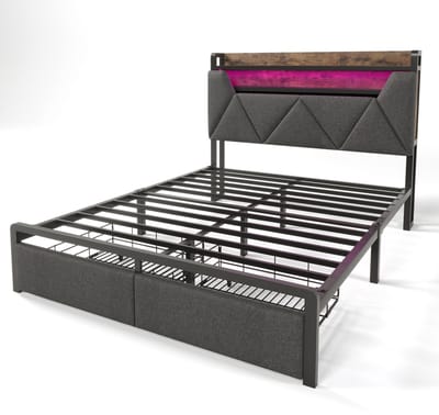 Gestoffeerd bed met USB Type-C-oplaadpoort, hoofdbord met opbergruimte, ledverlichting en lades; tweepersoonsbed afmetingen 160 x 200 cm; bedframe met opbergruimte, metalen lattenbodem; grijs (matras inbegrepen)