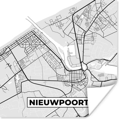 Poster Stadskaart – Zwart Wit - Kaart – Nieuwpoort – België – Plattegrond - 100x100 cm XXL