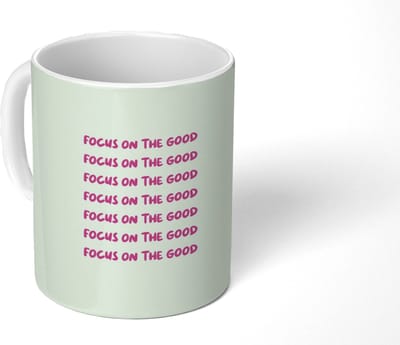 Mok - Koffiemok - Focus on the good - Roze - Mokken - 350 ML - Beker - Koffiemokken - Theemok