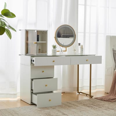 Make-uptafel met LED Spiegel en Glazen Dienblad - Wit