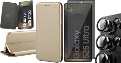 Hoesje geschikt voor Samsung Galaxy S25 Ultra - Privacy Screenprotector Volledig Dekkend Glas & Camera - Wallet Book Case Goud