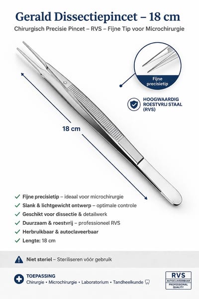 Belux Surgical Instruments / Gerald Dissectiepincet – 18 cm – Chirurgisch Precisie Pincet – RVS – Fijne Tip voor Microchirurgie