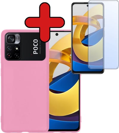 Hoesje - Met Screenprotector - Geschikt voor Xiaomi Poco M4 Pro 5G - Sterk & Shockproof - Telefoon Hoes - Back Cover - Siliconen Case - Telefoonhoes - Lichtroze