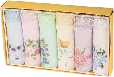 Set van 6 Stuks Biologisch Katoenen Zakdoeken met Bloem Borduurwerk en Kant, Vintage Stijl Trouwen Accessoires en Cadeaus voor Vrouwen