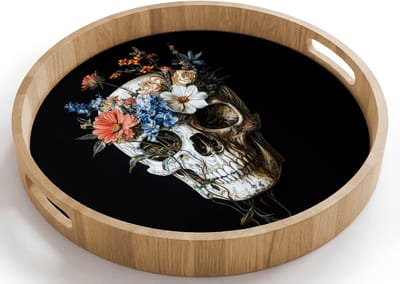 Dienblad rond 40x40 cm - Schootdienblad hout - Bloemen - Schedel - Kleurrijk - Borrelplank rechthoek - Plateau houten dienbladen