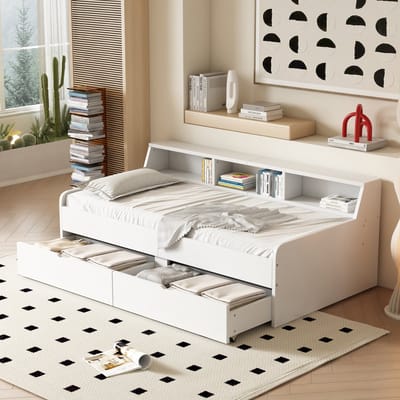STILVORA Daybed 90x200cm – Eenpersoonsbed Met Opbergvakken In Zijkant – Bedframe Met 2 Lades – Voor Slaapkamer Logeerkamer – Grenen MDF – Wit | Zonder matras