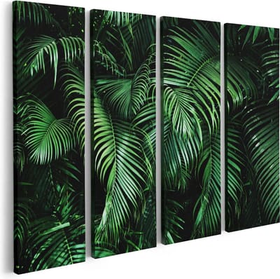 Artaza Canvas Schilderij Vierluik Tropische Palm Bladeren - Groen - 80x60 cm - Wanddecoratie Woonkamer - Schilderijen - Muurdecoratie