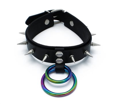 Kiotos - Zwarte Lederen Spiked Collar met Dubbele Rainbow O-Ring