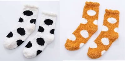 Fluffy Dames Sokken - 2 paar - huissokken - sleep sokken - geel - zwart - wit - gestipt - 36 - 40 - warm - zacht - cadeau voor haar - gift
