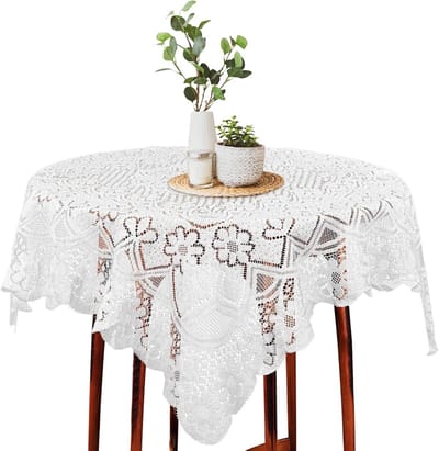 Decoratieve Laken Tafelkleed 90x90 cm met Bloemenpatroon voor Eettafel, Keuken en Kampeertafel in Wit