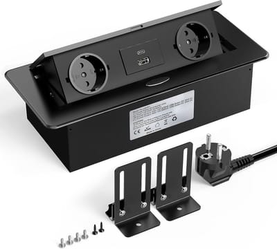 Intelectro Stekkerdoos voor Bureau & Kookeiland - Gebruiksvriendelijk - Eenvoudige Installatie - 2 Stopcontacten - 2 USB Poorten - 1.8m Lange Snoer - Aluminium Behuizing - Duurzaam Ontwerp - Zwart - Levering Sneller dan Aangegeven!