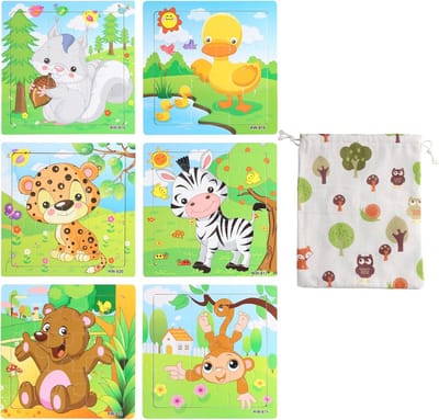 Houten Puzzel Kinderen - Montessori Speelgoed - Ontwikkeling Leren - Set van 6 Puzzels - 9 Stukjes Elk