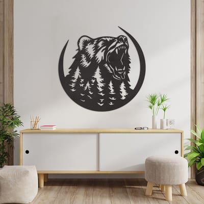 Wanddecoratie Beer - Muurdecoratie Beer - Muurdecoratie Bomen - Wanddecoratie Bergen - Muurdecoratie Hout - Wanddecoratie Hout - Wanddecoratie Industrieel - Wanddecoratie Dieren - Home Decor - Wall Line Art - 60.5 x 59 cm
