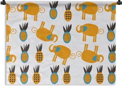 Wandkleed - Wanddoek - Olifant - Ananas - Geel - Patroon - 60x45 cm - Wandtapijt