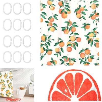 Citrus Badkamer Set met Douchegordijn en Antislip Badmatten voor Badkamerdecoratie, Waterdicht en Inclusief 12 Haakjes