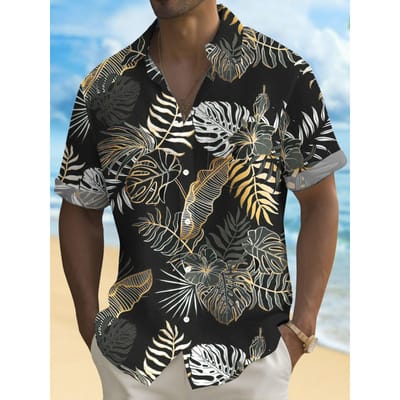 Hawaiiaanse Plant Gouden Bladeren 3D Print Heren Hawaïhemd Outdoor Street Casual Zomer Omgeslagen Korte Mouw Polyester Shirt 3XL gray