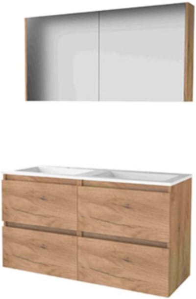 Basic-Line Comfort 46 Badkamermeubelset - 120 x 46 cm - Greeploos - 4 Lades - Acryl Wastafel - 2 Kraangaten - Spiegelkast - Whisky Oak