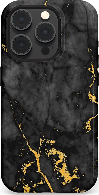 Casetastic hoesje geschikt voor Apple iPhone 15 Pro - MagSafe - Dubbellaagse bescherming - Zwarte Marmer Goud - Fashion Case - Zwart Goud