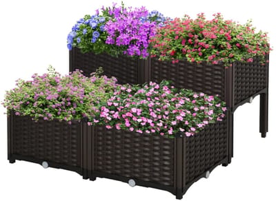 Plantenbak - Verhoogd Tuinbed - Bloembak met Drainagegaten - Plantenbed - Kweekbak - Moestuinbak - voor Buiten, Terras, Tuin & Balkon - voor Groenten, Bloemen & Kruiden - Rotanlook - Plastic - 40 x 40 x 44 cm - Bruin