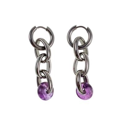 Oorringen met Schakels en Amethist Donut Steen, Exclusieve Oorbellen Dames, RVS ∅15mm – Handgemaakt esde2