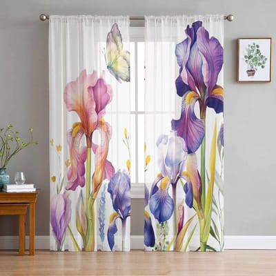 Paas Iris Plant Vlinder Slaapkamer Gordijnen Tule Transparant Gordijn Woonkamer Huisdecoratie Voile Draperieën 135W x 114H(cm) white