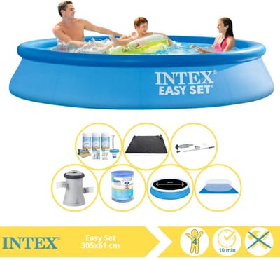 Intex Rond Opblaasbaar Easy Set Zwembad - 305 x 61 cm - Blauw - Inclusief Pomp - Solarzeil - Onderhoudspakket - Filter - Grondzeil - Stofzuiger - Solar Mat - 8-delig