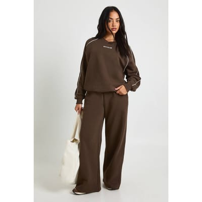 boohoo Dames Ath Club Geborduurd V-hals Piping Sweatshirt Trainingspak | Chocoladebruin | Maat: Small
